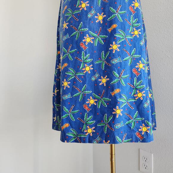 Vintage 80s/90s Blue Sundress Palm Tree Sun Fish Tropical Pattern Ring Straps M - Picture 3 of 10
